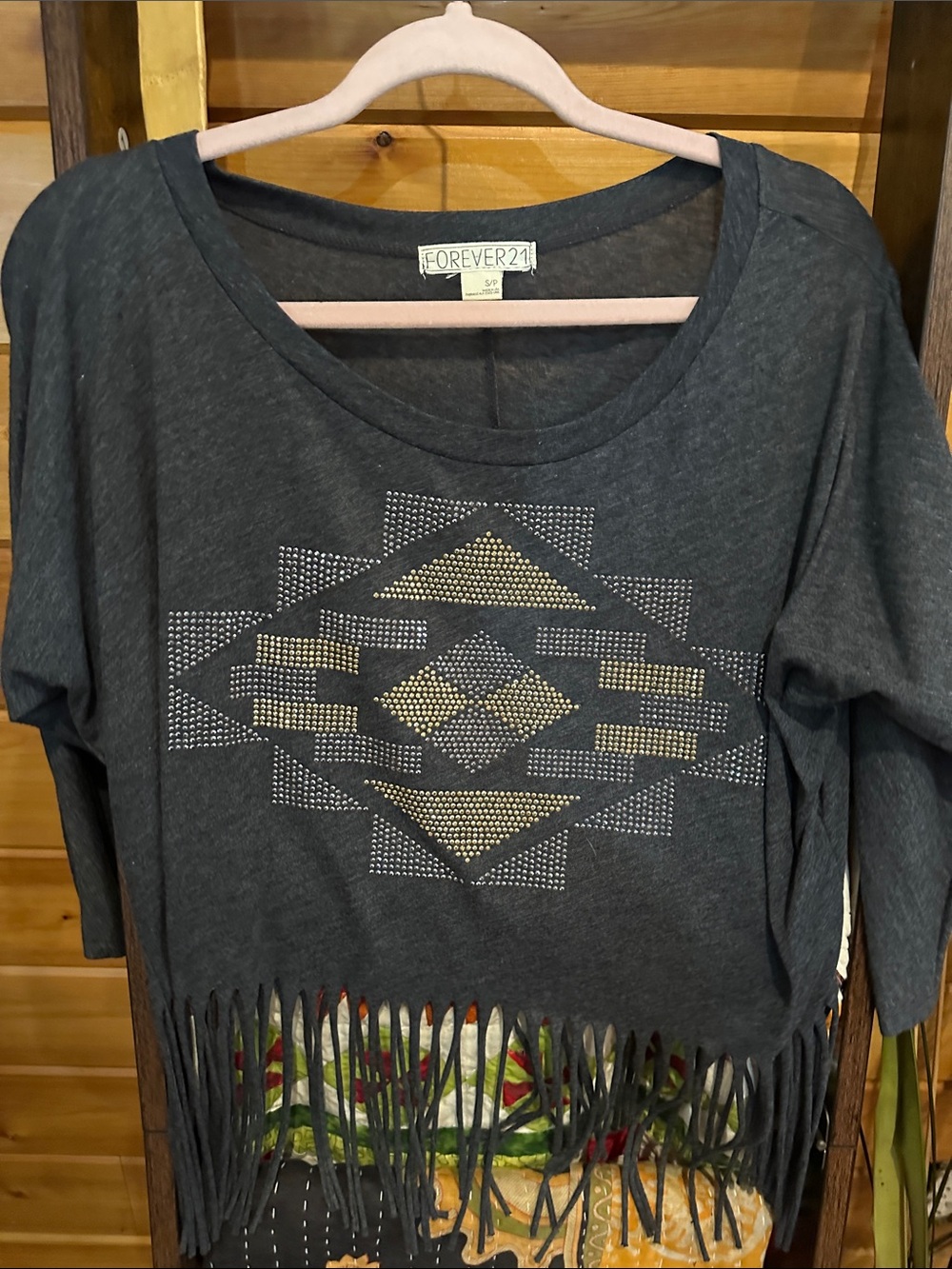 Forever 21 Charcoal Gray Aztec Rhinestone Fringe Shirt